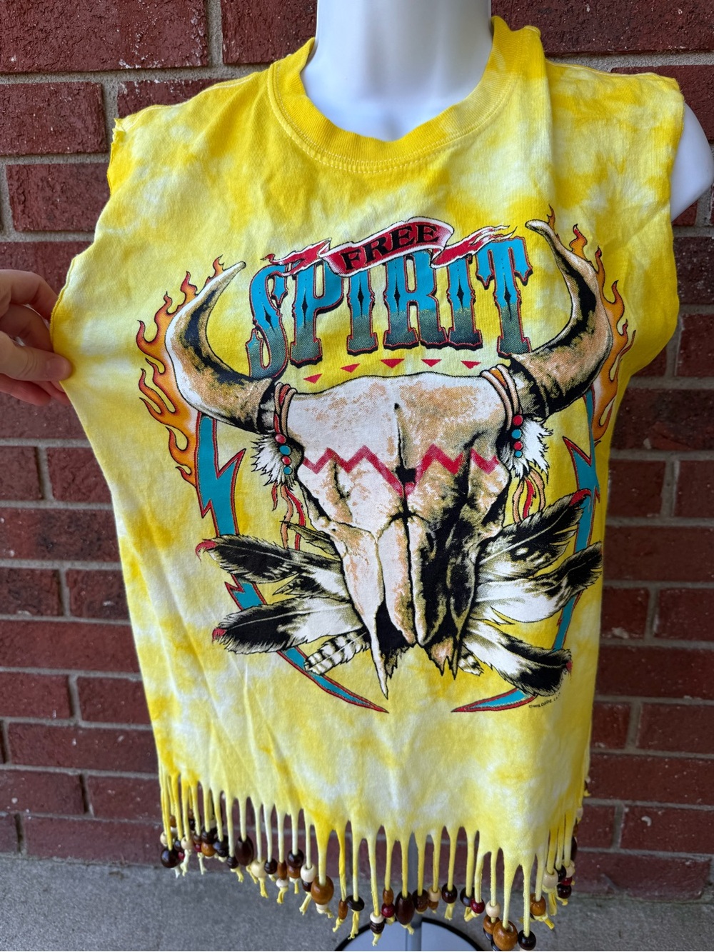 Handmade - Anvil Yellow Tie-Dye Fringe Tank with beads and Skull Motif - Picture 3 of 5